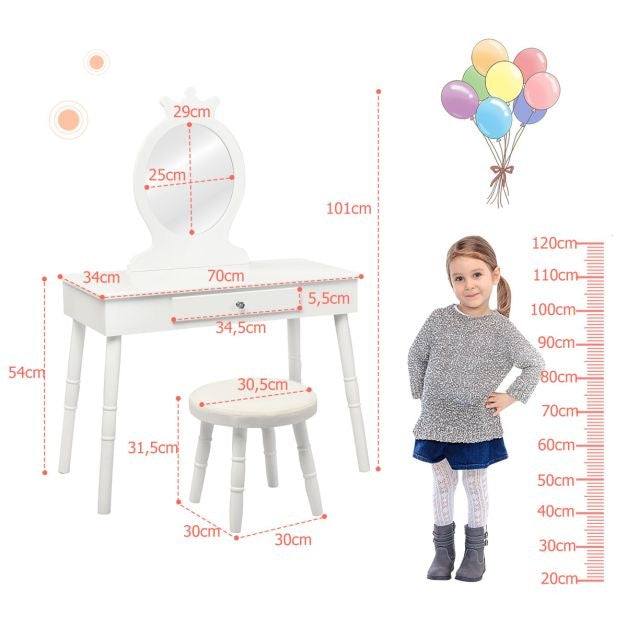 Coast Schminktisch für Kinder - Mit Schublade - Inkl. Hocker - Weiß