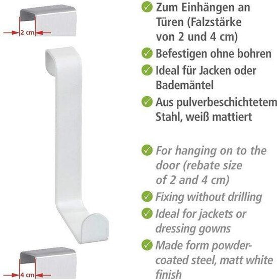 Wenko Türhaken für Aufsetztüren und stumpfe Türen – Weiß – 4 Stück
