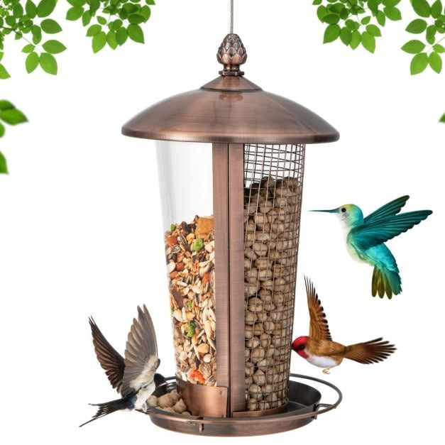 Vogelfutterspender zum Aufhängen 2 Röhren für verschiedene Vogelsamen Metall Vogelfutterspender Vogelfutterspender