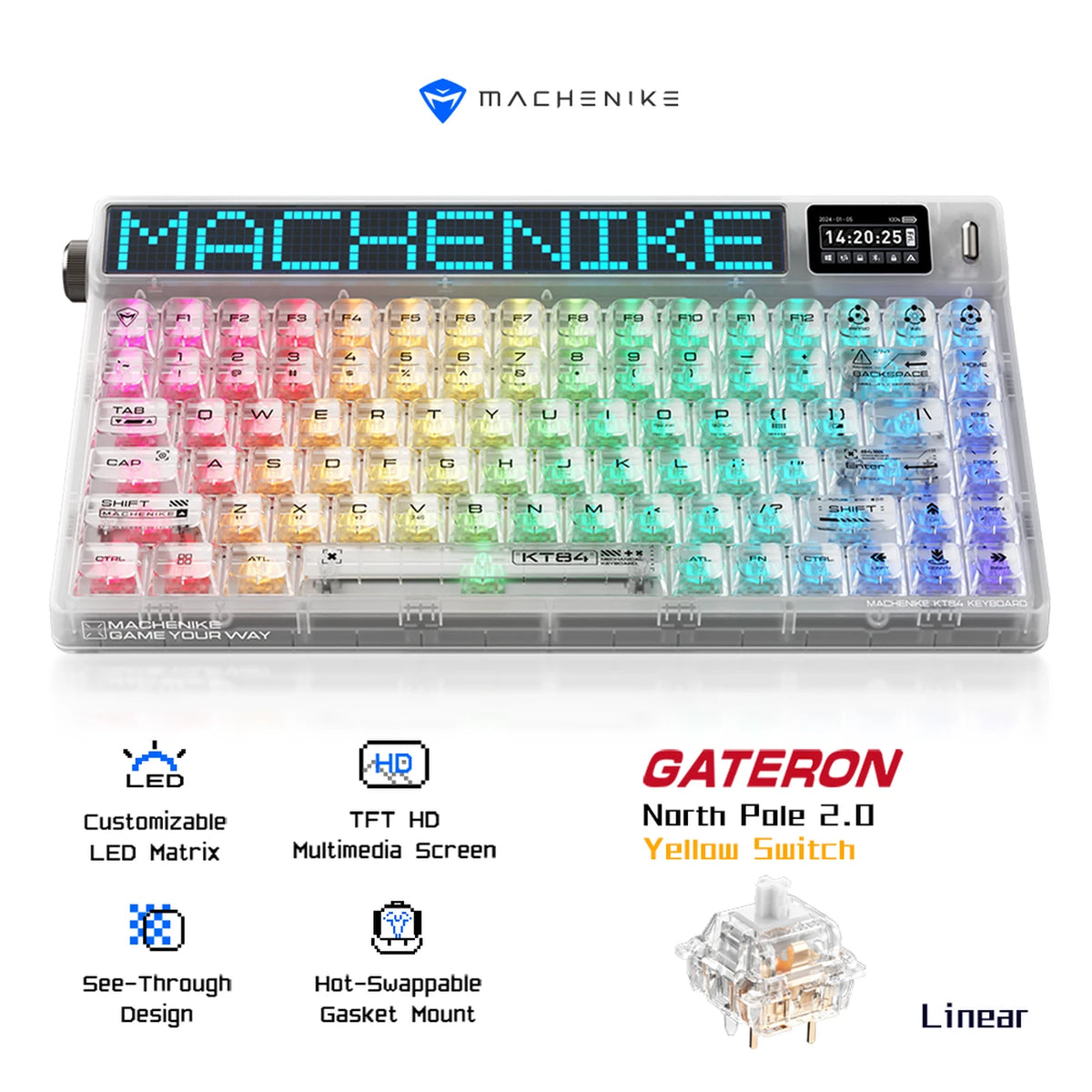 Machenike KT84-B84W 75 % mechanische Tastatur – Weiß – Gateron Yellow, RGB, Tri-Mode