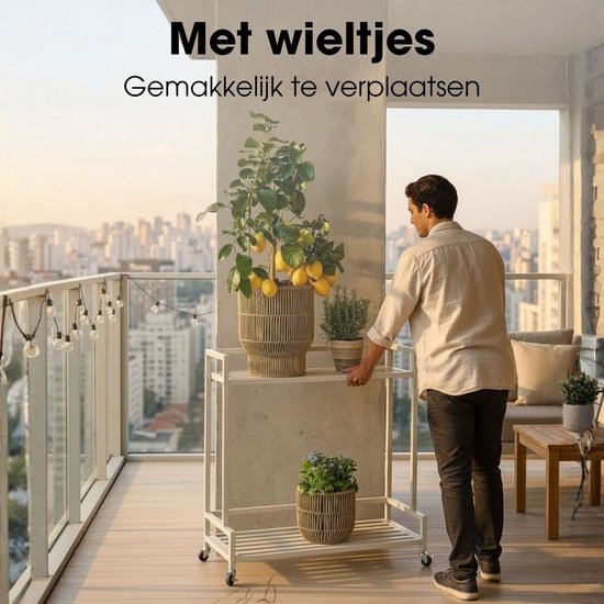 Mica Decorations Greenrax Pflanzenregal auf Rädern – Pflanzenständer für Zimmerpflanzen, Außenpflanzen oder Gartengeräte – Mehrere Ablagen, Pflanzenuntersetzer – 80 x 35 x 81 cm – Eisen – Off-White