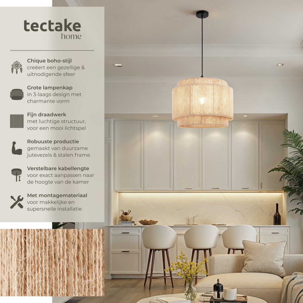tectake® Deckenleuchte Lignea Lux - Boho Pendelleuchte - Jute Natur - Ø46 x 32 cm - 40W