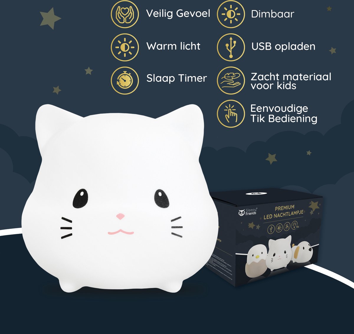 Sleepy Friends Premium Katzen-Nachtlicht Kinderzimmer - USB aufladbar, dimmbar, weich & sicher - 95 x 97 x 100 mm - Grau