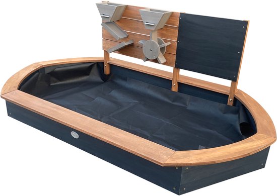 AXI Joey Sandkasten 158 x 91 x 57 cm Braun/Anthrazit – Mit Spielwand und Kreidetafel – Ovaler Sandkasten – Mit Abdeckplane und Bodenplane – 100 % FSC-zertifiziertes Hemlock-Holz