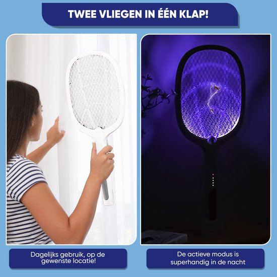 TTD® Premium Elektrische Fliegenklatsche und Mückenlampe Wiederaufladbar - 2 Stufen Fliegenklatsche und Mückenlampe - 2500 Volt - Mit Sicherheitsnetz - UV Licht - Fliegenfänger - Fliegenlampe - Mückenlampe für Innen und Außen - Mückenfänger - Insektenlamp