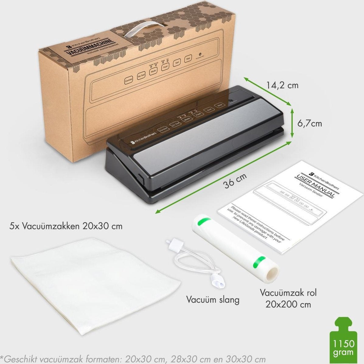 KitchenBrothers Vakuumierer - 4 Einstellungen - Inkl. Folienrolle, Vakuumbeutel und Vakuumschlauch