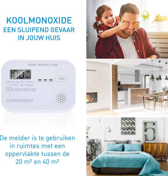 Grundig CO-Melder - Kohlenmonoxid-Melder mit 10-Jahres-Batterie - Co-Meter mit LCD-Display, Alarm bei niedrigem Batteriestand und Sensorfehleralarm - Co2-Melder 85dB Alarm - Wandmontage - Weiß
