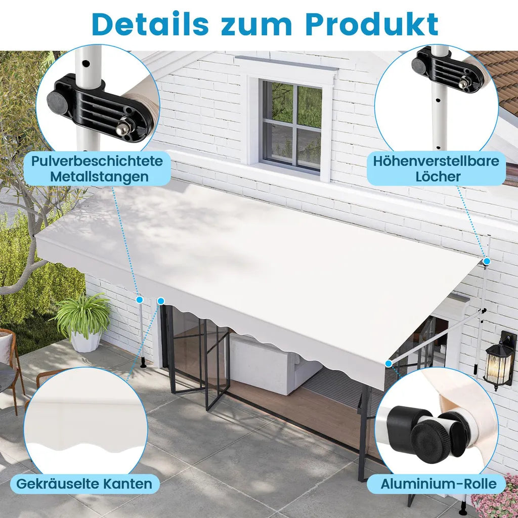 Coast Klemmarkise 400 × 120 cm – Weiß – Bohrfreier Balkonsonnenschutz mit Handkurbel und höhenverstellbar
