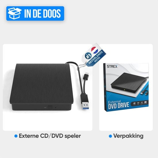 Strex - Externer CD/DVD-Player und -Brenner - Plug & Play - USB 3.0 - Geeignet für Windows, Mac und Linux - Schwarz