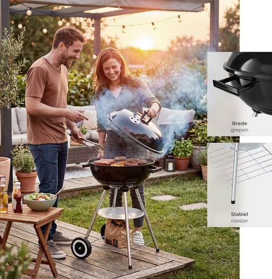 tectake® Holzkohlegrill – Kugelgrill – Grillplatte Ø 41,5 cm – Grill mit 2 Rädern – Smoker mit Deckel – rund – schwarz – Metall