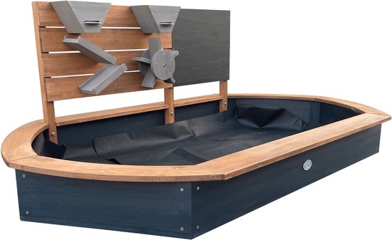 AXI Joey Sandkasten 158 x 91 x 57 cm Braun/Anthrazit – Mit Spielwand und Kreidetafel – Ovaler Sandkasten – Mit Abdeckplane und Bodenplane – 100 % FSC-zertifiziertes Hemlock-Holz