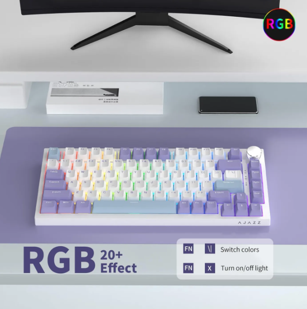 AJAZZ AK820 Mechanische Gaming-Tastatur – 75 % – 82 Tasten – US-QWERTY – RGB – Lila