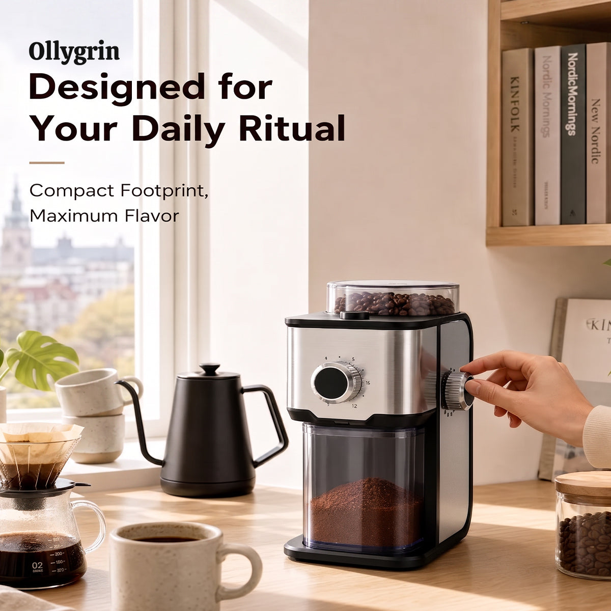 Ollygrin BG705 elektrische Kaffeemühle mit flachen Mahlwalzen – einstellbare Kaffeemühle für den Hausgebrauch