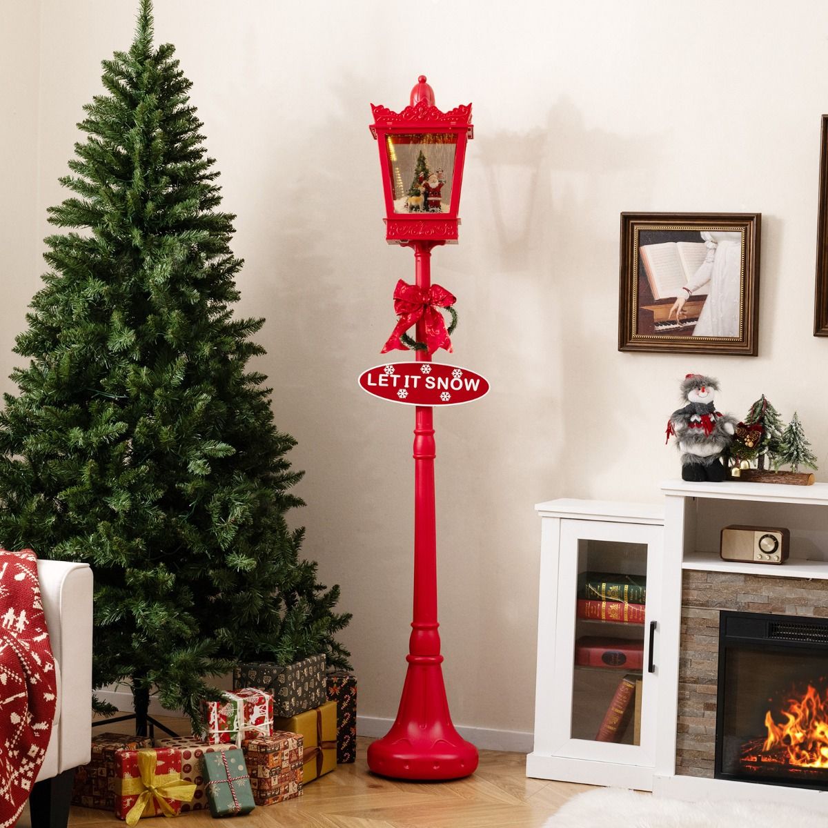 Coast Weihnachtslaternenmast mit Schneeeffekt und Musik - 185 cm hoch - Warm White LED - Rot - Ø30 cm