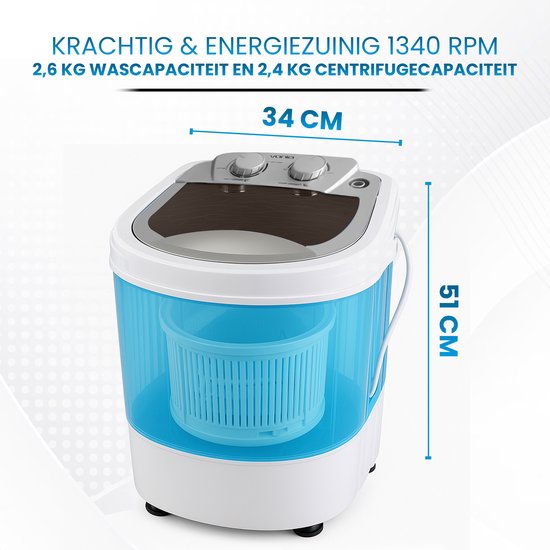 Vonia Mini Washer - Kleine Waschmaschine - Mit Wäscheschleuder und Top-Loading - Waschkapazität 2,6 kg - Energieeffizient - Weiß/Blau