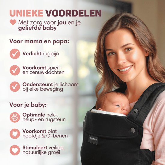 Vulpes Goods® BabyCare - Babytrage - Ergonomische Babytrage 0-36 Monate - Luxus-Bauchtrage bis zu 20 kg - OEKO-TEX® Baumwolle - Freihändiger Komfort - Mit Rückenstütze & M-Position - Schwarz