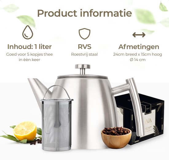 Vaja® Teekanne Camille Silber - Doppelwandig - 1 Liter - Edelstahl-Teekanne mit Filter & Stövchen