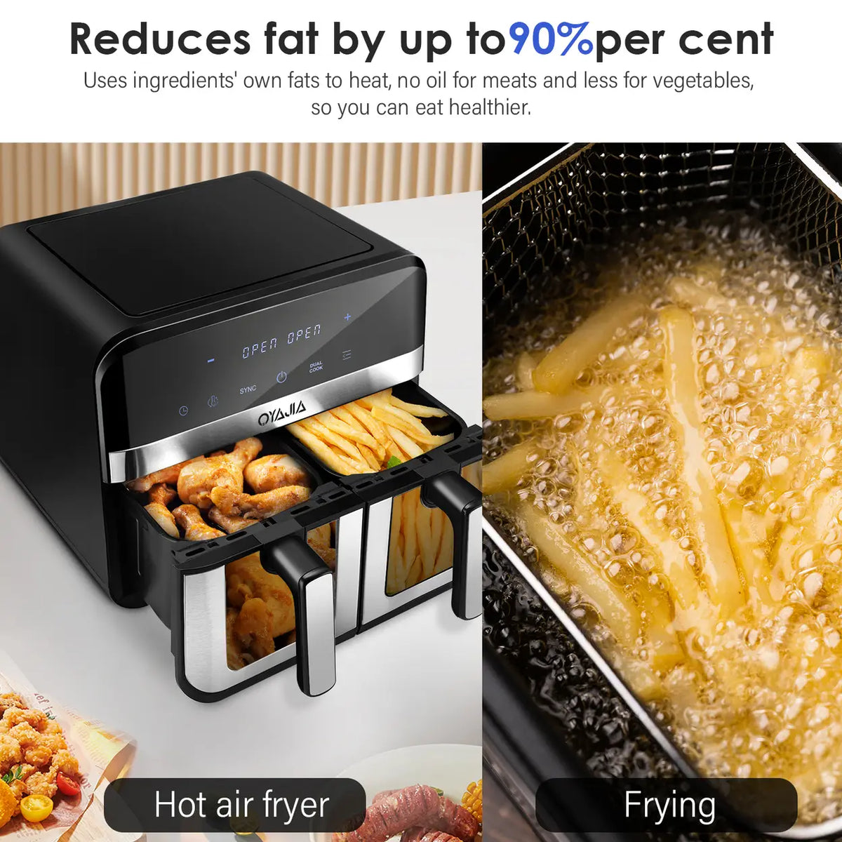 Oyajia Dual-Zone-Heißluftfritteuse mit unabhängiger Temperaturregelung – Digitaler Touchscreen – 4,5 l – Schwarz