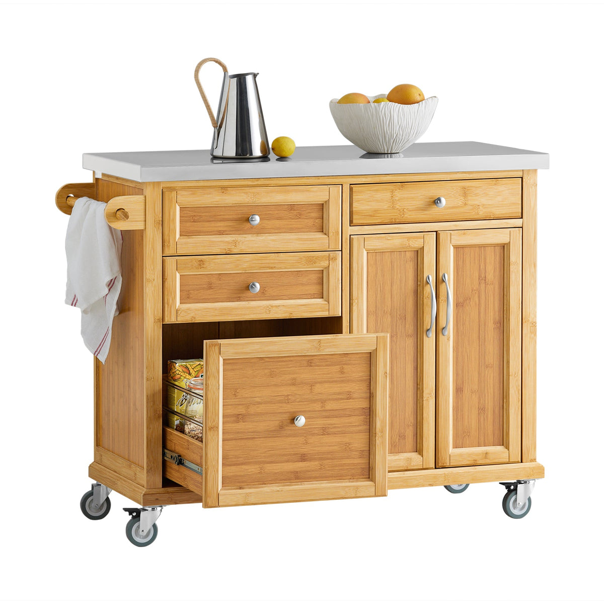 SoBuy Mobile Kücheninsel aus Bambus mit Arbeitsplatte aus Edelstahl – 4 Schubladen & Schrank – 115 cm