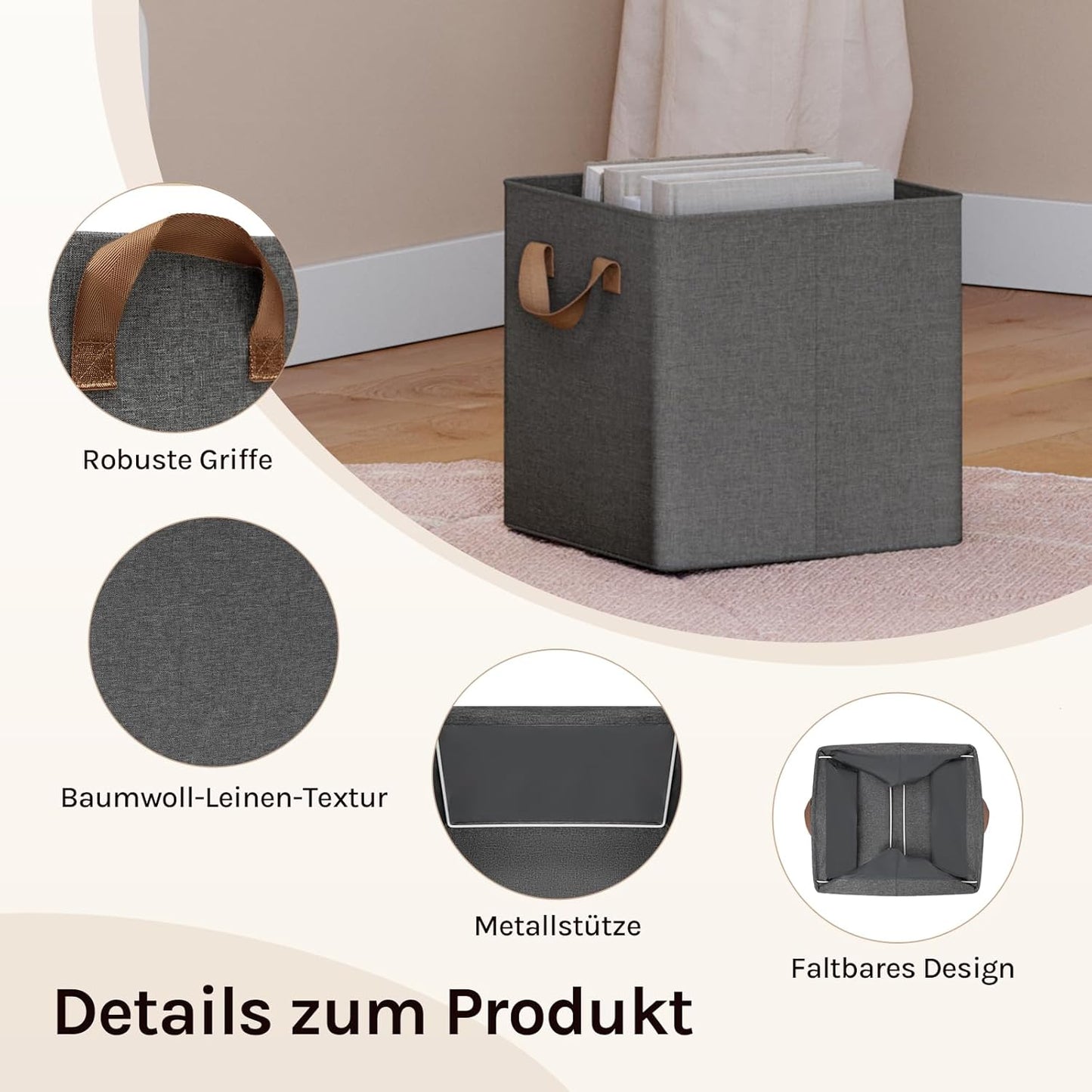 WOLTU Set mit 5 faltbaren Aufbewahrungsboxen – Aufbewahrungswürfel aus Stoff mit Griffen und Metallrahmen – grau, 32 x 32 x 31 cm