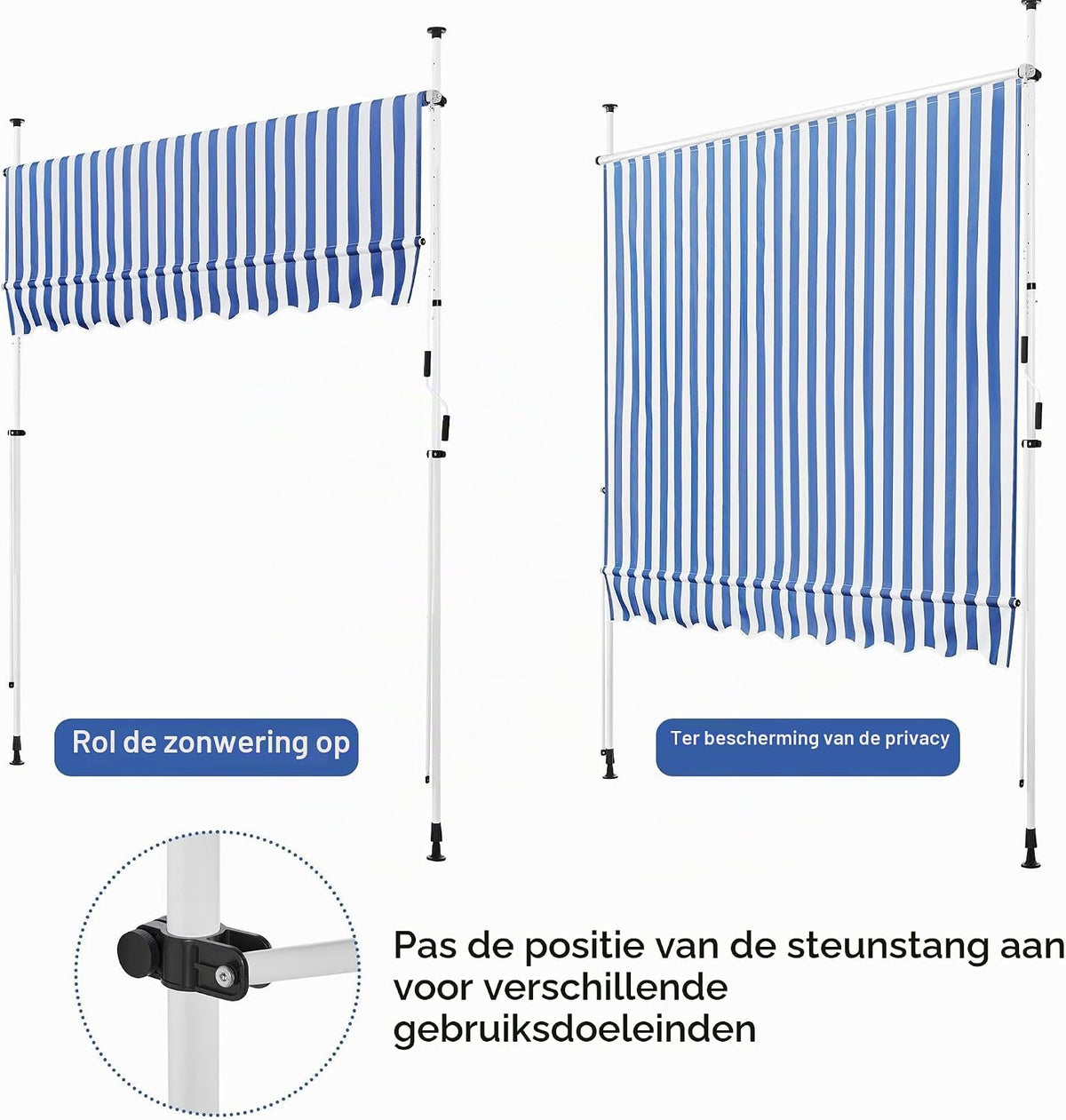 Yaheetech Balkonmarkise – Klemmmarkise mit Handkurbel, 250 cm – höhenverstellbar – blau-weiß