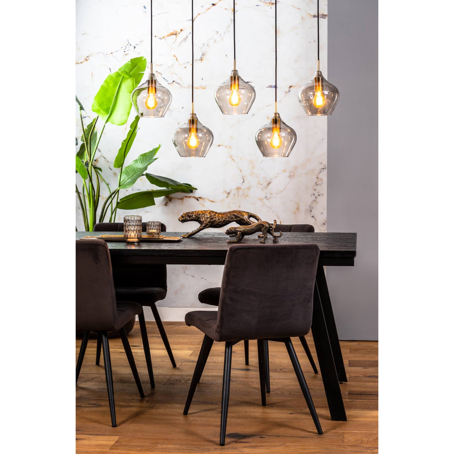 Licht & Wohnen Pendelleuchte RAKEL - 5 Lichter - Glas Ø20 cm - Rechteckig - Antik Bronze + Rauch - Eleganter Vintage Stil