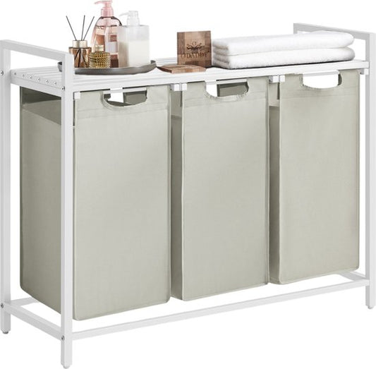 O'DADDY® Wäschekorb 3 Boxen - ausziehbarer Wäschesortierer mit Regal - 114 Liter - 92,5 x 33 x 71 cm - verstellbare Beine - einfach zu montieren - vielseitig und stilvoll aus Metall - weiß