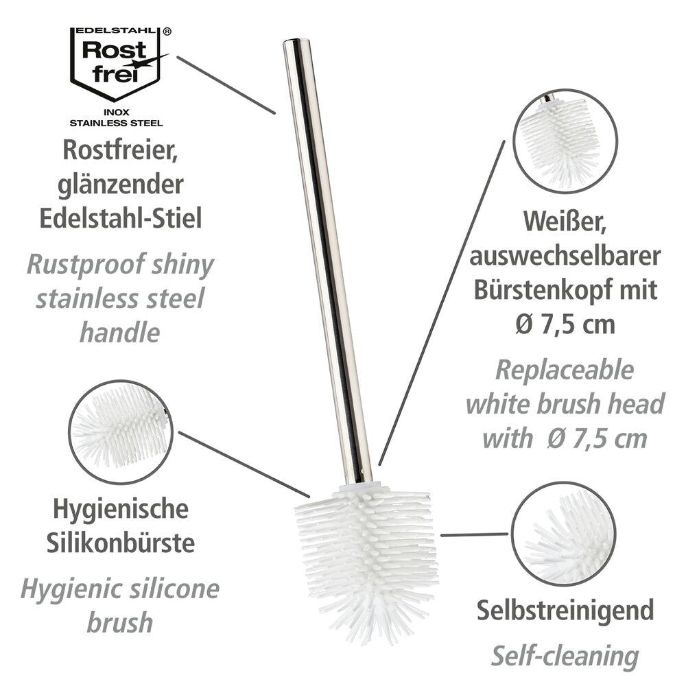Wenko WC-Bürste aus Silikon, weiß – Austauschbarer Bürstenkopf, Ø 7,5 cm – Griff aus Edelstahl