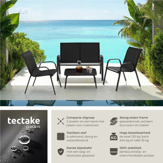 tectake® Garten-Set Nora - Moderne Sitzgruppe für 4 Personen - Lounge-Set mit Gartensofa und 2 Gartenstühlen aus atmungsaktivem, wasserabweisendem Textilgewebe - Balkonset mit Beistelltisch - Schwarz