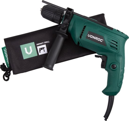 VONROC Schlagbohrmaschine - 500W - Schnellspannfutter - Inkl. Seitengriff, Tiefenanschlag & Aufbewahrungstasche