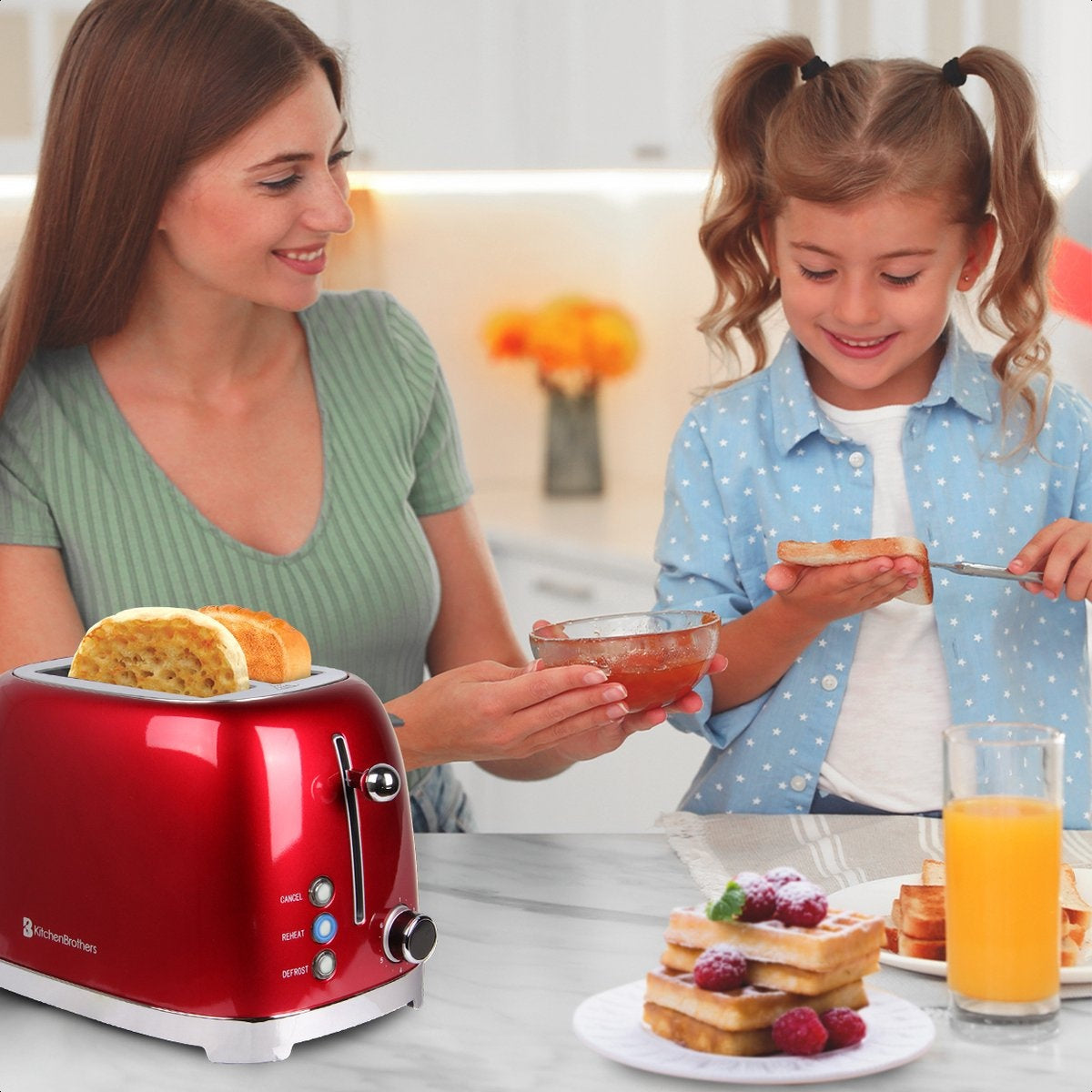KitchenBrothers Retro-Toaster - 6 Heizstufen - 2 extra breite Schlitze - 1630W - Aufwärm- und Auftaufunktion - Rot