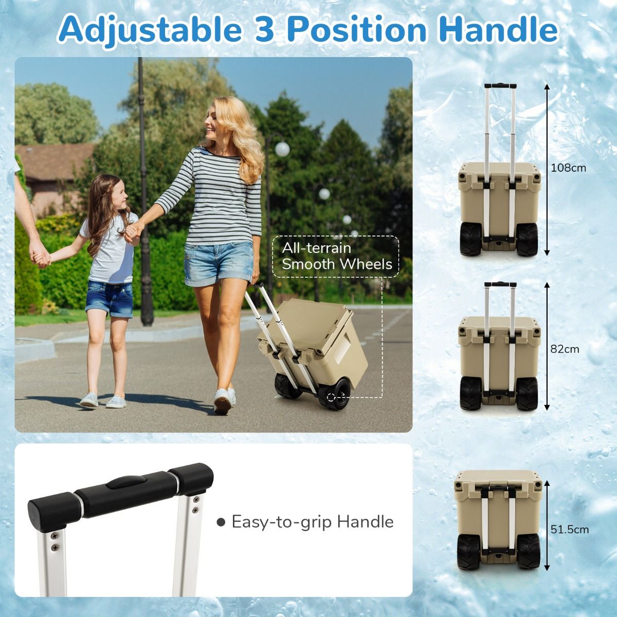 Coast Tragbare Kühlbox auf Rädern 43L - Kaffee - 53x49x53-108 cm - Isothermisch mit Aluminium-Ziehgriff und Flaschenöffner