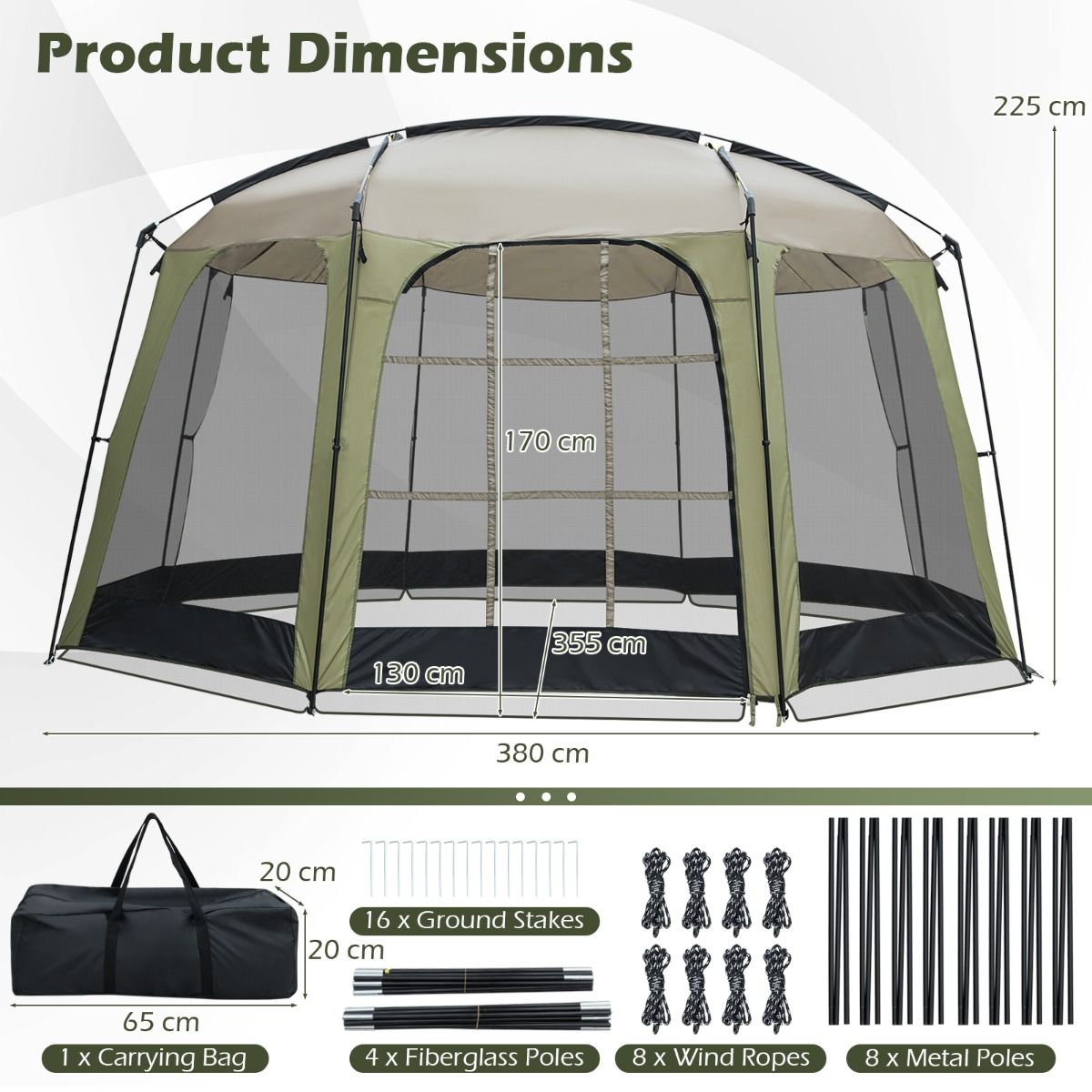 Coast Campingzelt mit Moskitonetz – Zusammenklappbares Gartenzelt für 6 bis 8 Personen – 380 x 355 x 225 cm – Grün/Schwarz