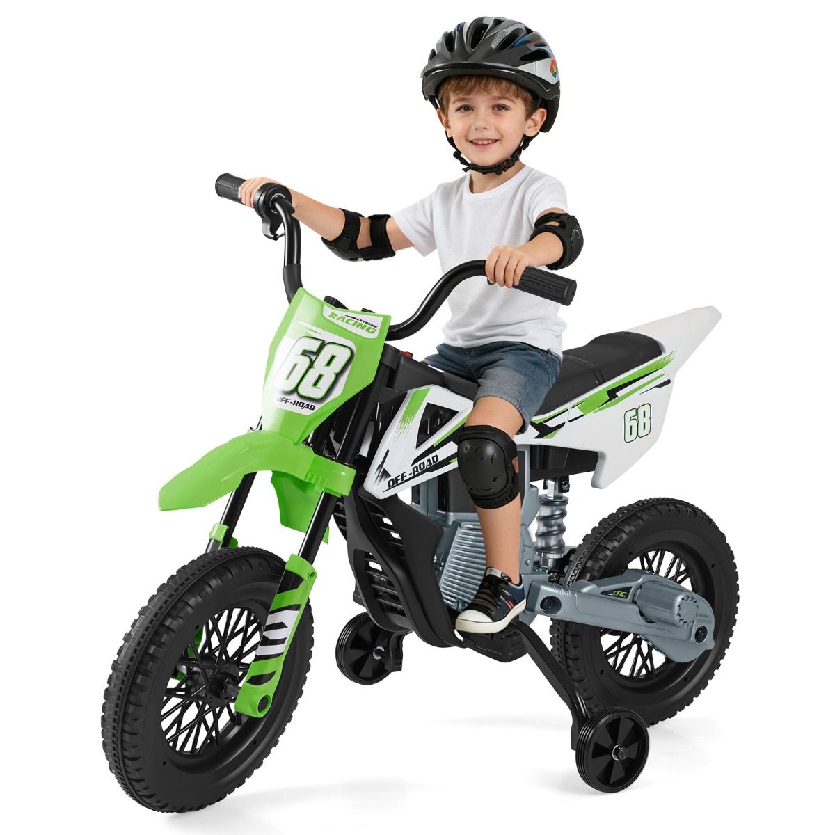 Coast Elektrisches Kindermotorrad – Musik und Bluetooth – abnehmbare Stützräder – grün
