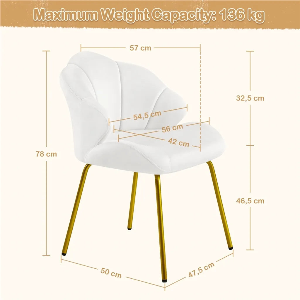 Yaheetech Esszimmerstuhl 56 x 57 x 78 cm – Weiß – Gepolsterter Muschelstuhl mit Metallbeinen