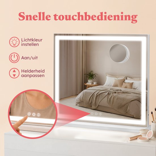 Fraay® Hollywoodspiegel mit Beleuchtung 60x50cm - 3 Lichtstufen - Schminkspiegel mit 10-facher Vergrößerung - LED-Streifenbeleuchtung dimmbar - Inkl. 2 Beauty Blenders und Puderquaste