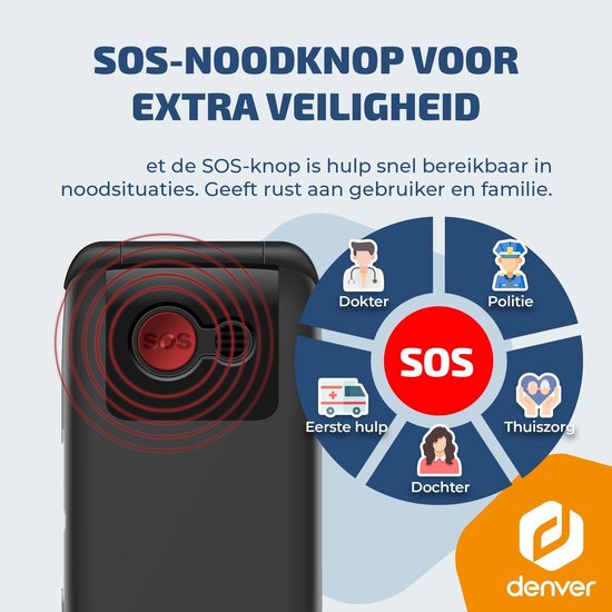 Denver Senioren-Handy 4G – Große Tasten – SOS-Taste – Ohne Smartphone aufwachsen – Ladestation – GSM – Bluetooth – FM-Radio – Vollständig auf Niederländisch und Französisch – Modell 2026 – BAS24800L