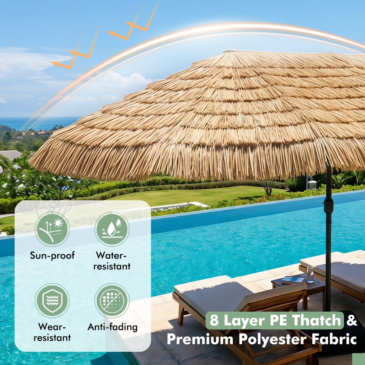 Coast Doppel-Strohsonnenschirm – tropischer Hawaii-Stil – ohne Lampe, ohne Sonnenschirmständer – 450 x 270 cm – naturfarben