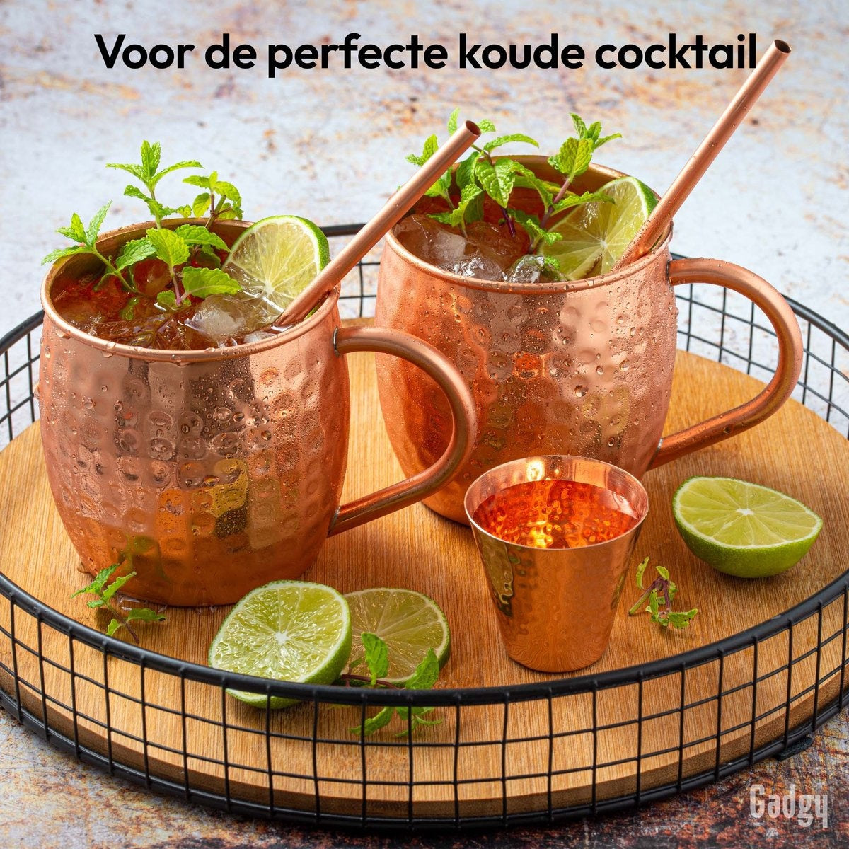 Gadgy Moscow Mule Cups Set - 100% Kupfer - Cocktail-Set : 2 Cocktailgläser, 2 Strohhalme & 1 Bar-Maß