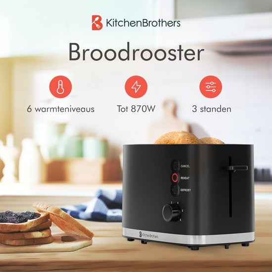 KitchenBrothers Toaster - Toaster - 6 Heizstufen - 2 extra breite Schlitze - 870W - Schwarz