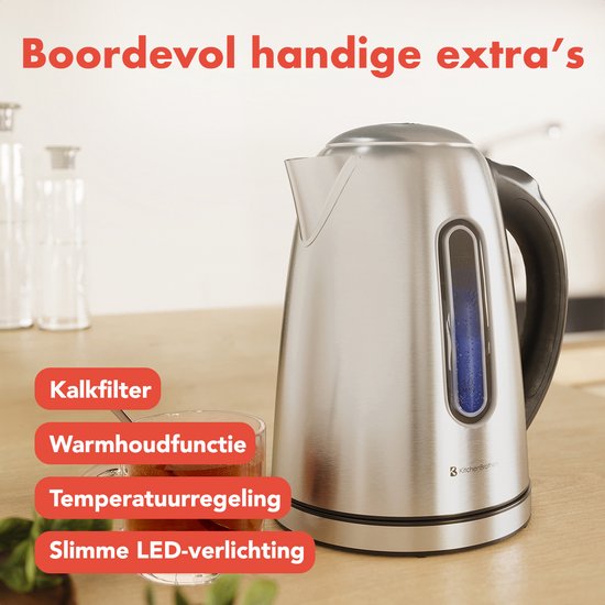 KitchenBrothers - Wasserkocher - Mit Temperaturregelung - Elektrisch - Mit Kalkfilter - 1,7L - Edelstahl