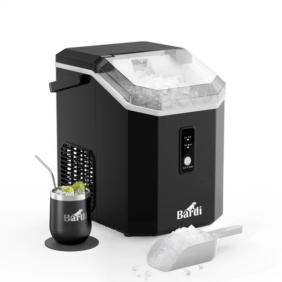 Bardi 1,1 l – Nugget-Eismaschine Square – Crushed-Ice-Maschine mit Eislöffel – 15 kg/24 Stunden – Eiswürfelmaschine – Mit luxuriösem Thermobecher – Schwarz