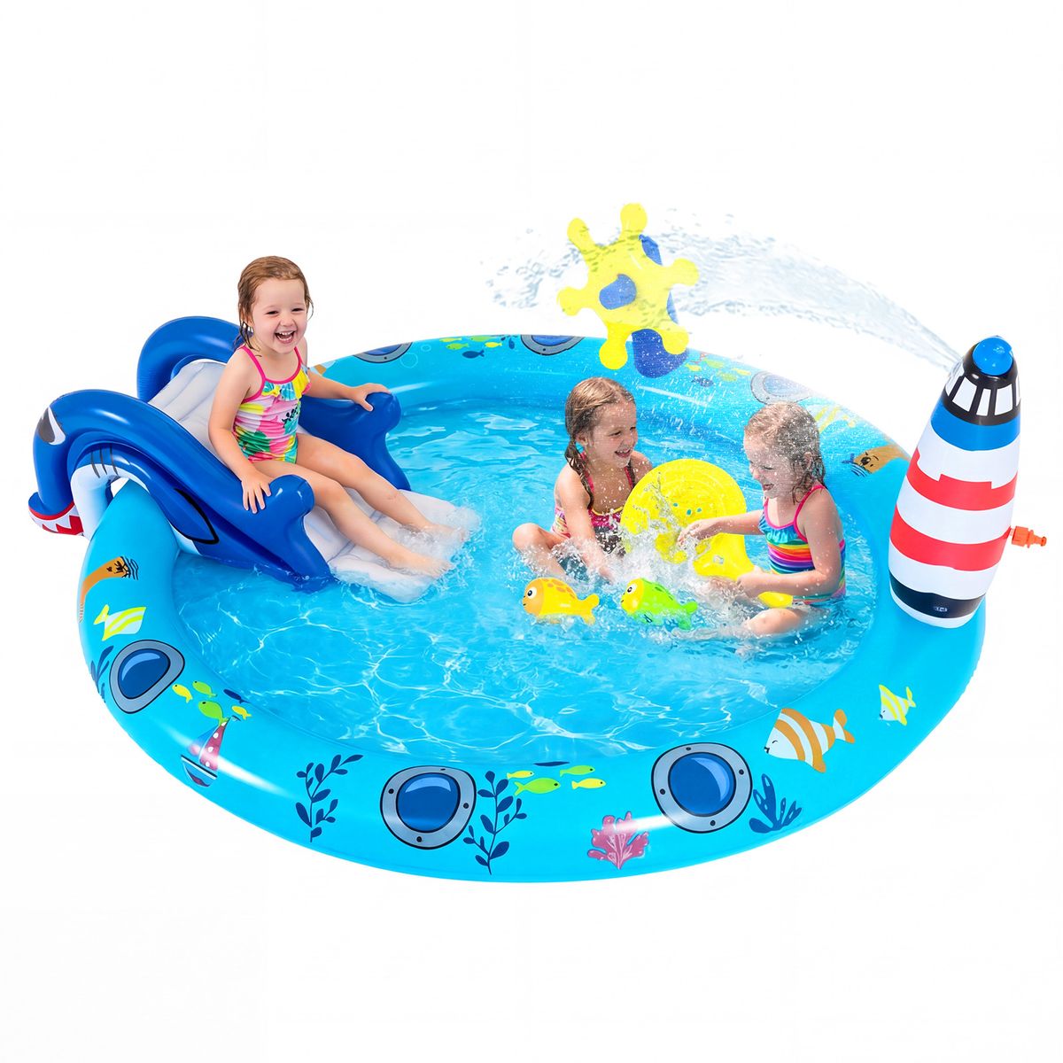 Coast Aufblasbares Kinderplanschbecken – Wasserspielzentrum im Meeres-Design – Haifisch-Rutsche und Sprühdüse – Mehrfarbig 188 x 153 x 63 cm