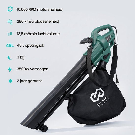 Infinity Goods Elektrischer Laubbläser und -sauger – 3500 W – Häckselfunktion – 45-Liter-Auffangbeutel – mit Kabel – 280 km/h Luftgeschwindigkeit