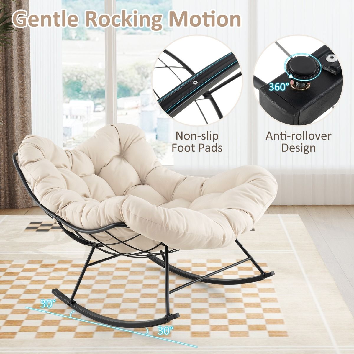 Coast Schaukelstuhl mit gepolstertem Kissen - 110 x 95 x 94 cm - Kapazität 205 kg - Beige