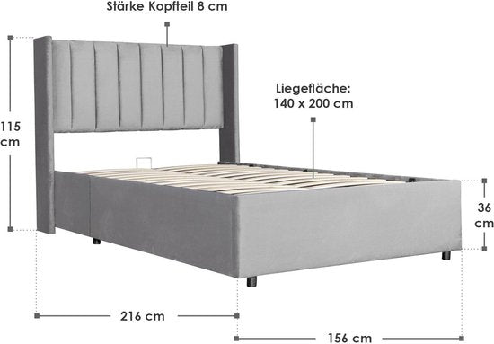 Polsterbett Savona - 200 x 140 cm - Hellgrau - Inkl. Bettkasten