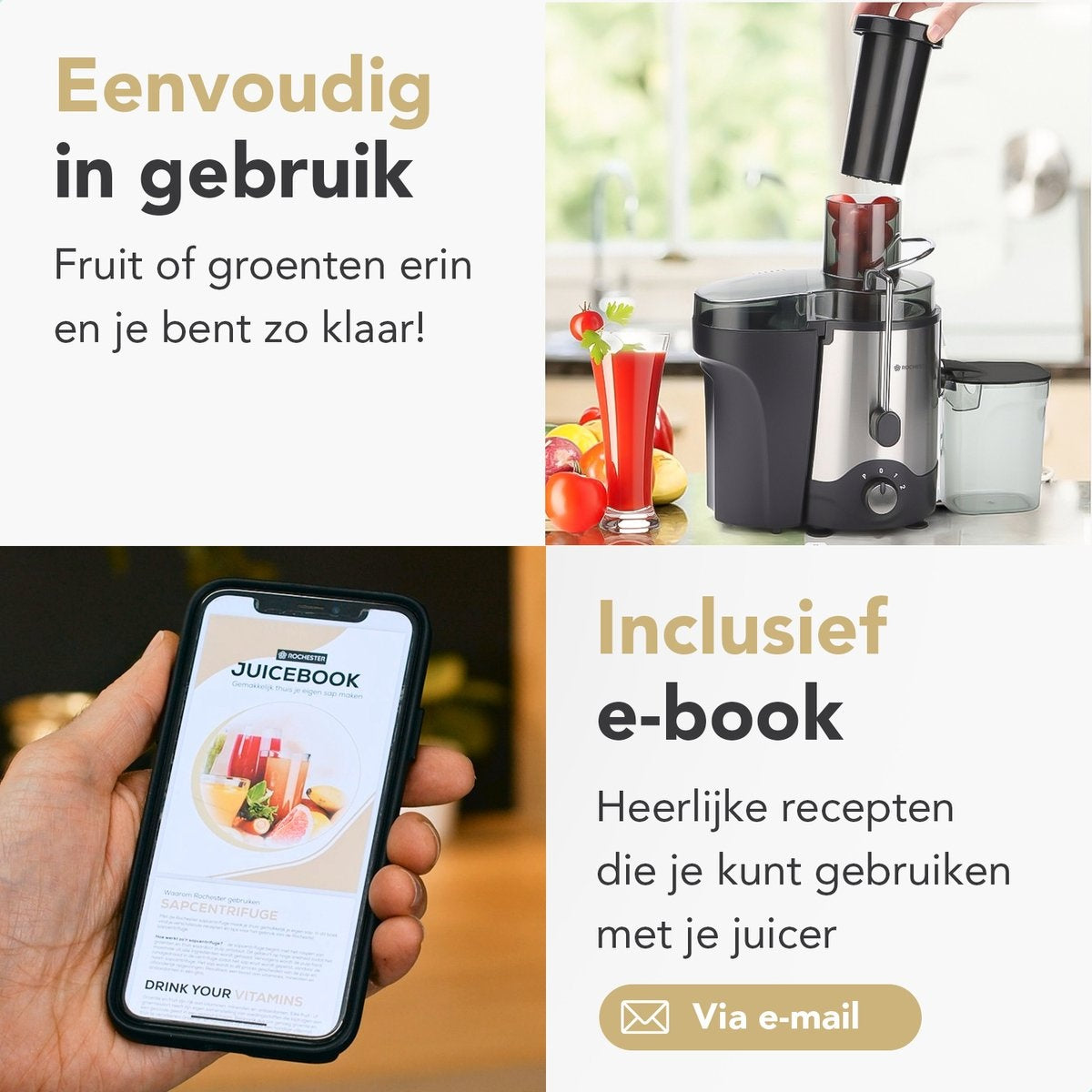 Rochester - Entsafter für Obst und Gemüse - mit Mikrofilter - Große Einfüllöffnung - 3 Geschwindigkeiten - Schwarz/RVS