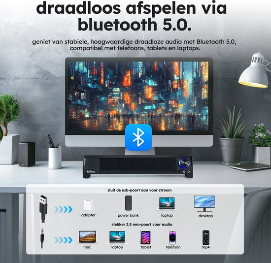 PC-Lautsprecher 2.1 - Mit Mikrofon und Bluetooth 5.0 - Soundbar für PC - USB-C und USB-A - Schwarz - von Faas