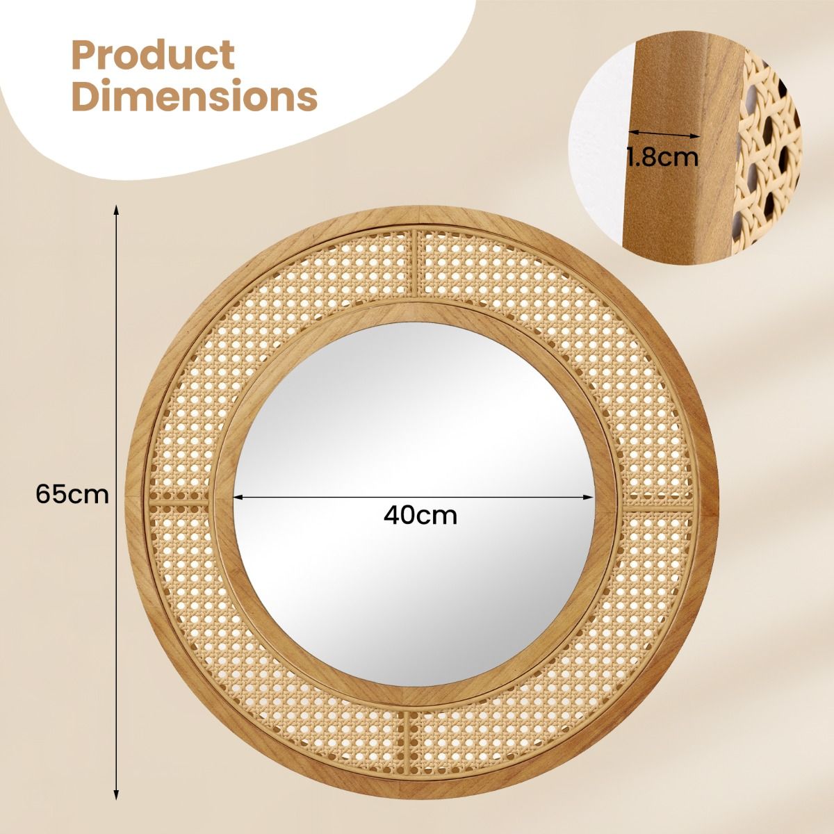 Coast Runder Wandspiegel – Rattan-Dekoration – Holzrahmen – 65 cm Natur