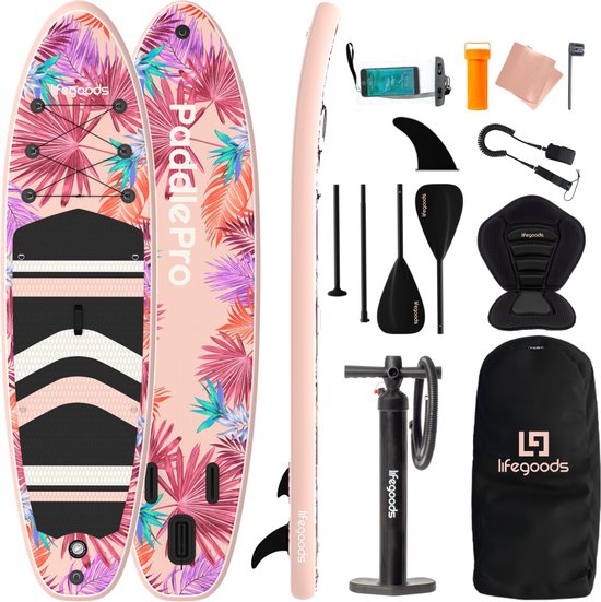 LifeGoods PaddlePro SUP Board - mit Sitz - Aufblasbares Paddle Board - Komplettset - Max. 150KG - 320x81cm - Tropisches Rosa